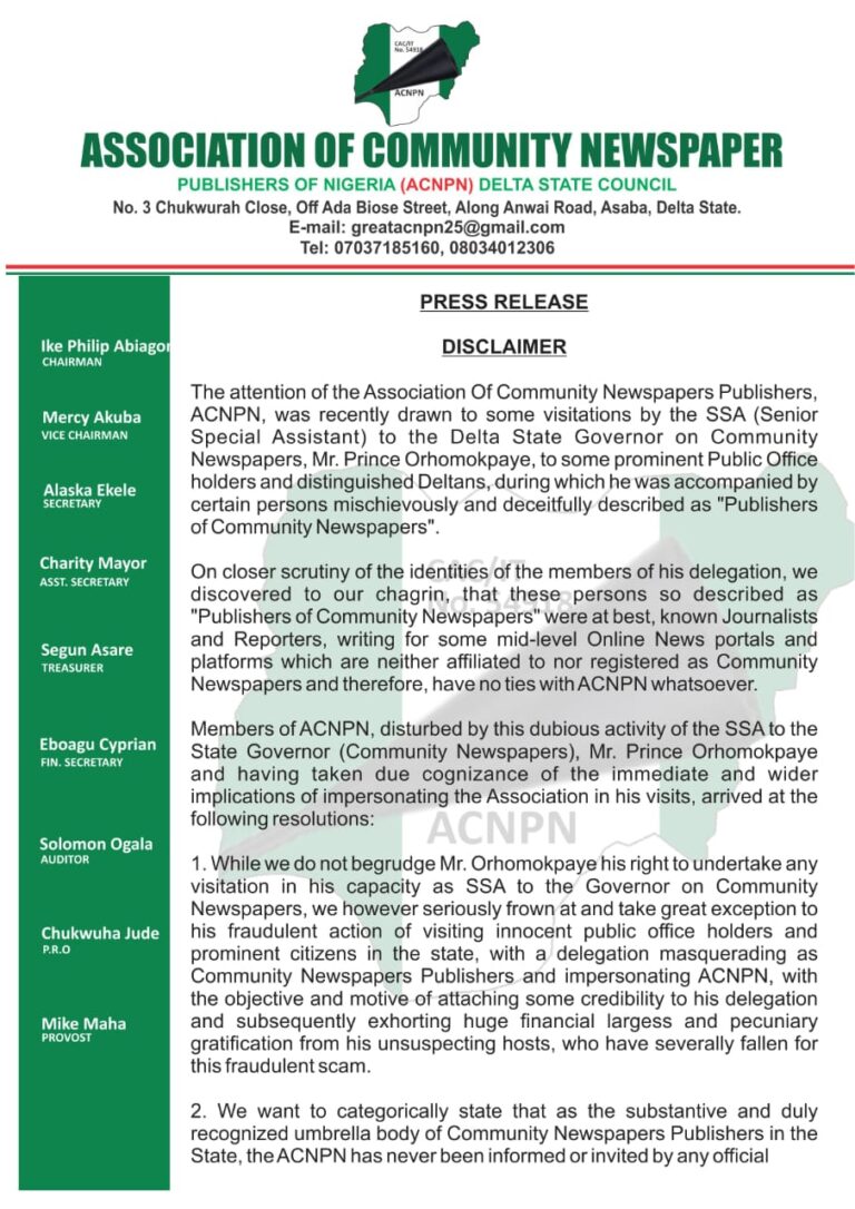 Community Newspaper Publishers Disowns Gov Oborevwori’s SSA