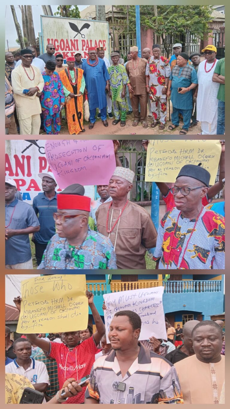 Okpanam community in Oshimili North Local Government Area of Delta State has appealed to the state government to end what they described as a “campaign of distraction” against their monarch by a some individuals within the community undermining the authority of the Ugoani.   They decried the incessant litigations and petitions filed against their traditional ruler, His Royal Majesty, Dr. Michael Mbanefo Ogbolu. Their worries stemmed from the activities of individuals who are bent in converting de-acquired parts of community land to themselves.   Some of the community leaders and youths carrying placards with inscriptions such as “Stop the False Petitions,” “Let Our King Reign in Peace,” and “Okpanam Stands with the Ugoani,” sang songs of peace and solidarity while calling on the Delta State Government to intervene and end what they described as a “campaign of distraction” against their monarch.  Addressing the crowd, the Ugoani of Okpanam, His Royal Majesty Dr. Michael Mbanefo Ogbolu, voiced deep concern over the continuous litigations and false allegations aimed at undermining his leadership. He explained that the crisis began after the state government de-acquired part of Okpanam’s land earlier taken for the expansion of the Asaba International Airport.  According to him, although the acquisition was handled in good faith by the administration of former Governor Ifeanyi Okowa, who after interventions, the state government de-acquired parts of the land and return to the community and was gazetteed in Pointer newspaper. However, some individuals within the community who are driven by greed, forged documents and signatures in an attempt to resell the de-acquired land.  “These are people from within Okpanam who have allowed greed to drive them into the illegal sale of our communal land,” the monarch said. “They falsified documents and even the signatures of our elders to mislead the public. I have gone to court to prove my innocence and expose the truth. The government and elders know that this land rightfully belongs to Okpanam.”  He lamented that internal efforts to settle the dispute had failed due to the involvement of external influences but maintained his desire for peace and reconciliation. “As a father, I still pray for them to return home, seek forgiveness, and be reintegrated into the community. But until then, the law must take its course,” he added.  The President-General of the Okpanam Community, Dr. Paul Nwayilani, recounted that the issue had persisted for years due to the actions of a few land speculators colluding with outsiders. He noted that while the community once sued the state government over compensation for the airport land, the case was withdrawn after assurances that part of the land would be returned which the government did.  “Sadly, some individuals secretly went behind the community to re-acquire the same land for personal gain,” Nwayilani said. “They forged documents, filed false petitions, and even dragged our monarch to court. I was arrested simply for exposing their deceit. But the truth will always prevail.”  He expressed faith that the government was aware of the real situation and urged it to protect the traditional institution. “We are not against development,” he said. “All we ask for is fairness and peace. Our monarch has always worked for the progress of Okpanam. These false litigations must stop.”  Also speaking, the Youth Chairman of Obodogba Quarters, Mr. Chukwuma Agbamujor, voiced the frustration of the younger generation over the continued attempts to discredit the Ugoani.  “Our king is a peaceful and caring leader who has always had the interest of the people at heart,” he said. “It is painful to see him constantly dragged into petitions and court cases. We call on both the Federal and State Governments to intervene and stop these malicious acts by selfish individuals.”  Describing the perpetrators as “rebellious elements and land grabbers,” Agbamujor reaffirmed the youths’ support for the monarch. “We will not allow anyone to destroy our heritage. Let peace reign in Okpanam,” he declared.  The peaceful demonstration ended with chants for peace, unity, and divine justice. Community leaders reaffirmed their loyalty to the Ugoani and urged the Delta State Government to act swiftly to protect the traditional institution from further harassment through frivolous petitions and litigations over land matters.